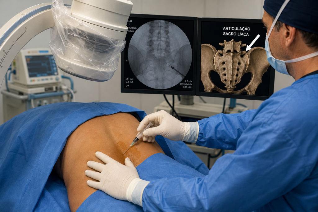 Bloqueio da articulação sacroilíaca guiado por fluoroscopia para tratamento da dor lombar.