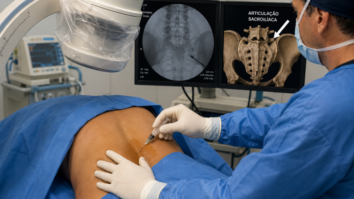 Bloqueio da articulação sacroilíaca guiado por fluoroscopia para tratamento da dor lombar.