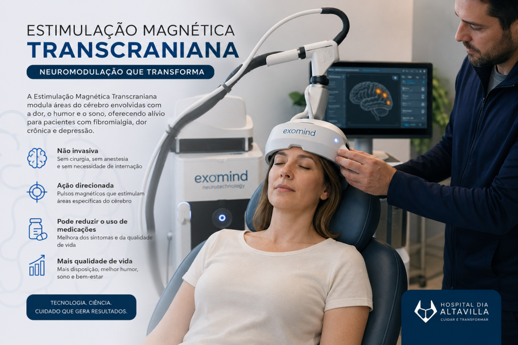 Paciente realizando tratamento com Exomind por Estimulação Magnética Transcraniana (EMT) para fibromialgia, dor crônica e depressão.