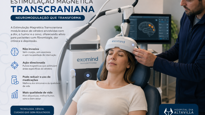 Paciente realizando tratamento com Exomind por Estimulação Magnética Transcraniana (EMT) para fibromialgia, dor crônica e depressão.